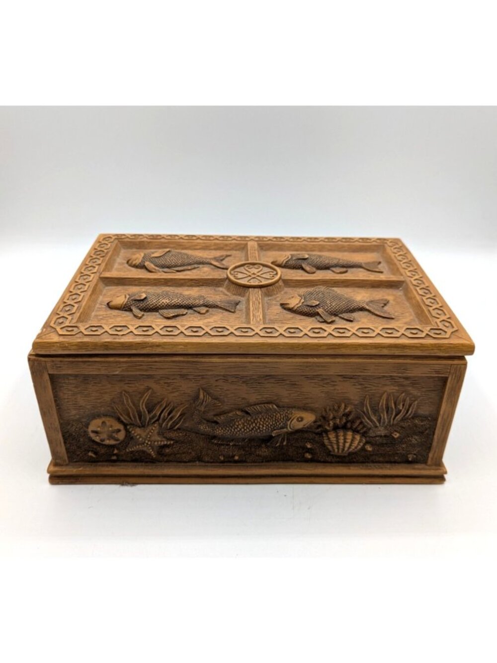 Vintage Dresser Box Valet Fish Underwater Carved Resin Trinket Jewelry 8"